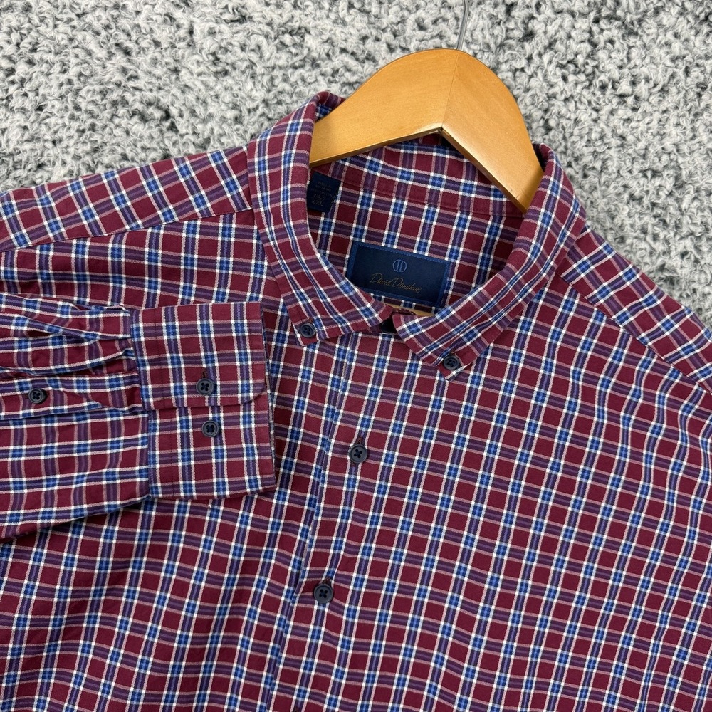 David Donahue Shirt Mens 2XL Red Blue Plaid Button Down Fusion Long Sleeve